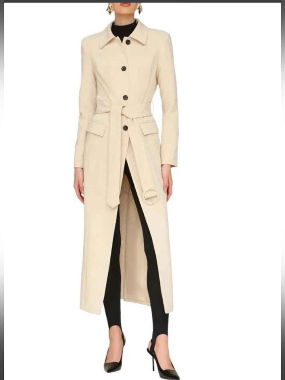 Avec Les Filles Cream Modern Cutaway Belted Long Trench Coat 🆕